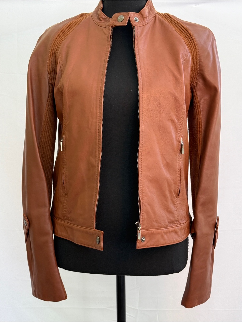 Slim Fit Brown Leather Moto Jacket - Women's